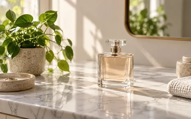A perfume bottle on a marble counter