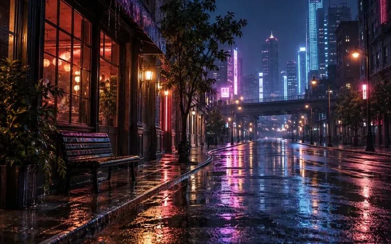 An imagined neon street with rain reflections