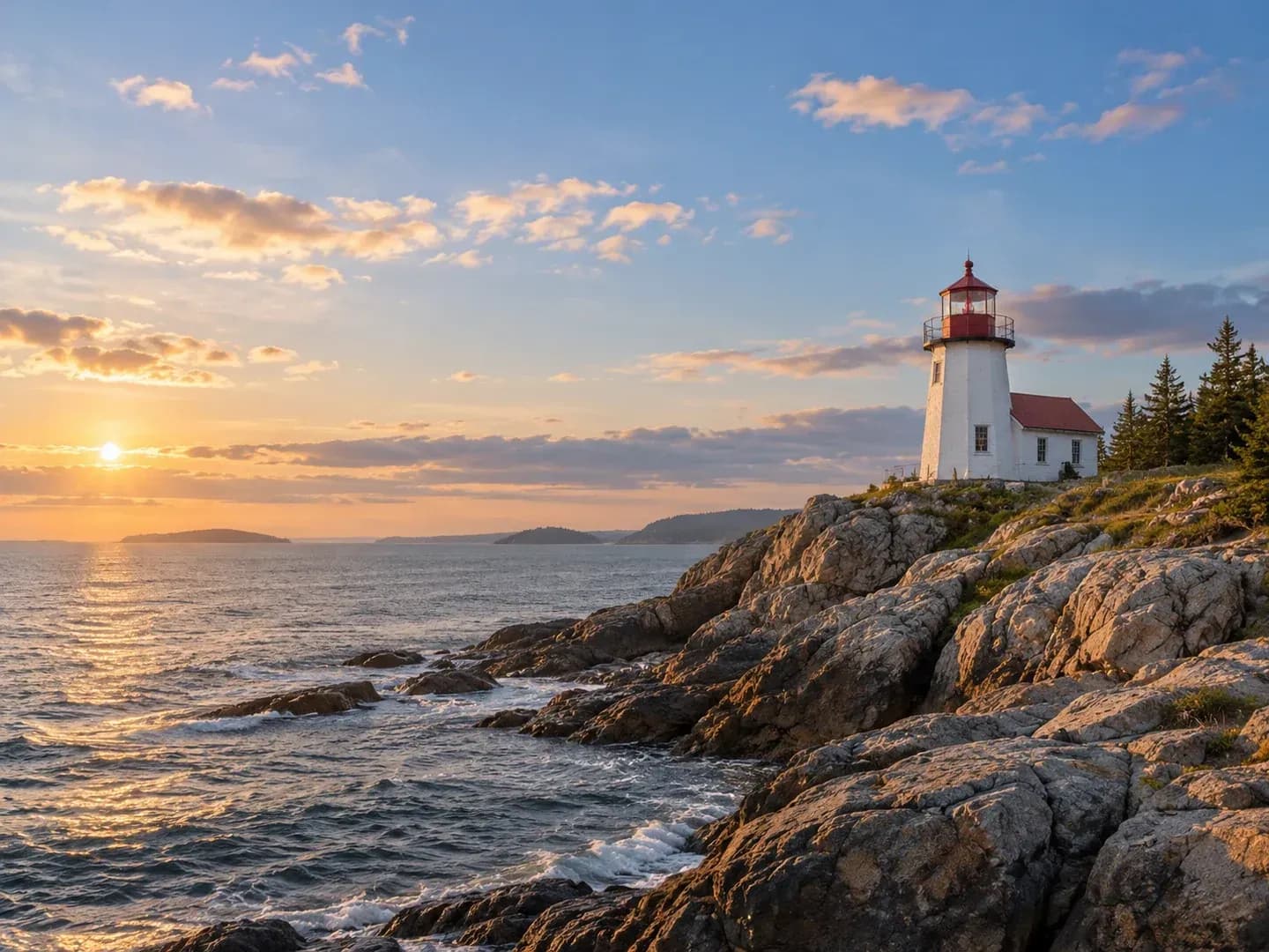 A wide coastal photograph with a small lighthouse and generous open sky