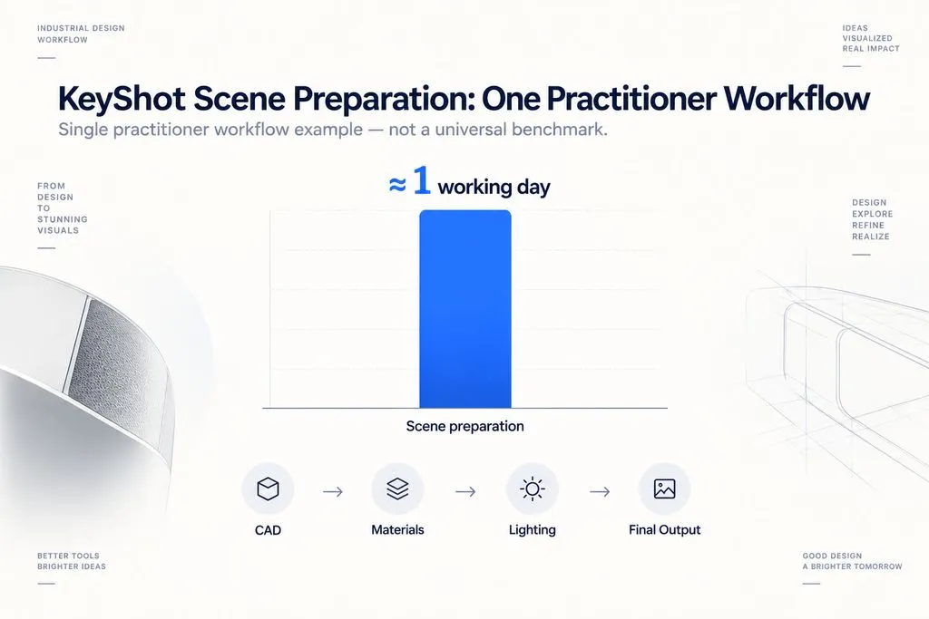 Single-metric chart showing approximately one working day of KeyShot scene preparation in one practitioner product-visualization workflow.