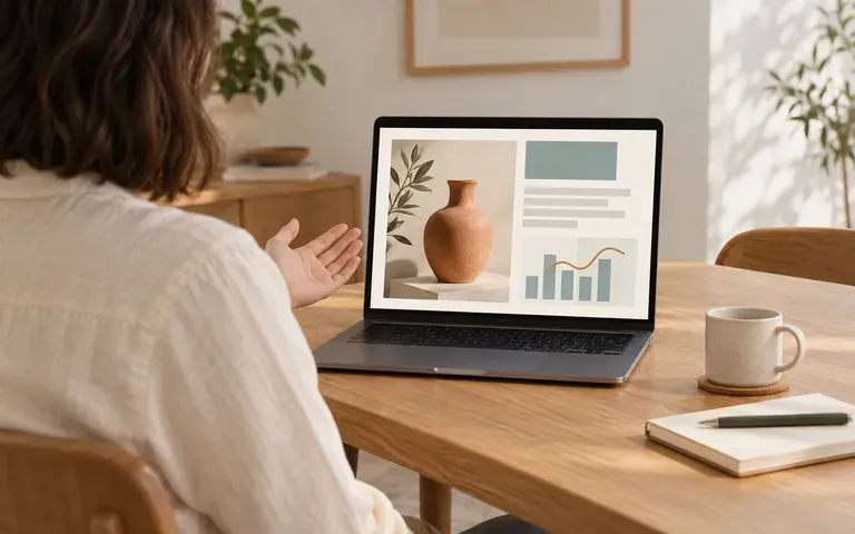 A web designer presenting a completed site on a laptop