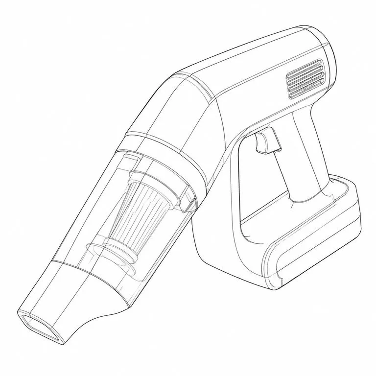 Line drawing of a handheld cordless vacuum with every housing split line drawn