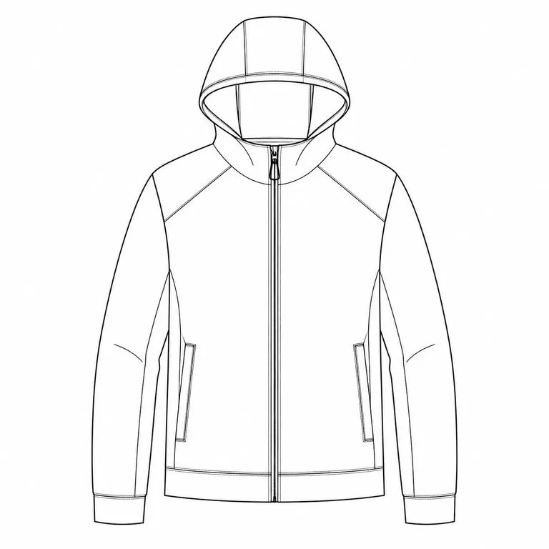 Technical apparel flat of a hooded zip jacket drawn in clean black lines