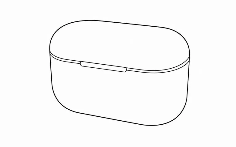 Minimal line drawing of an earbud charging case showing only the silhouette and the lid split