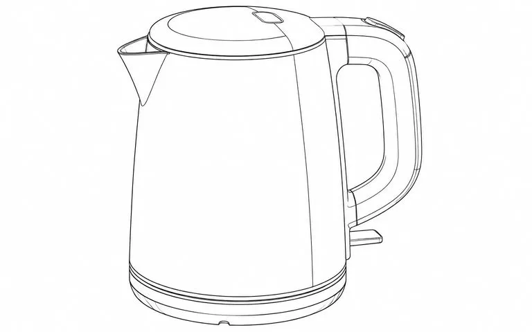 Detailed line drawing of an electric kettle with every parting line and seam drawn