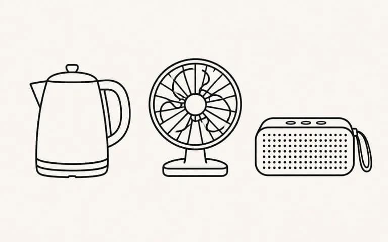 Three products drawn as bold even-weight outlines in a row like a comparison diagram