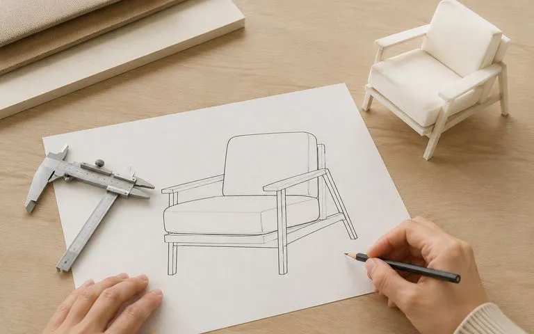 A printed line drawing of a lounge chair on a designer's desk beside calipers and a foam study model