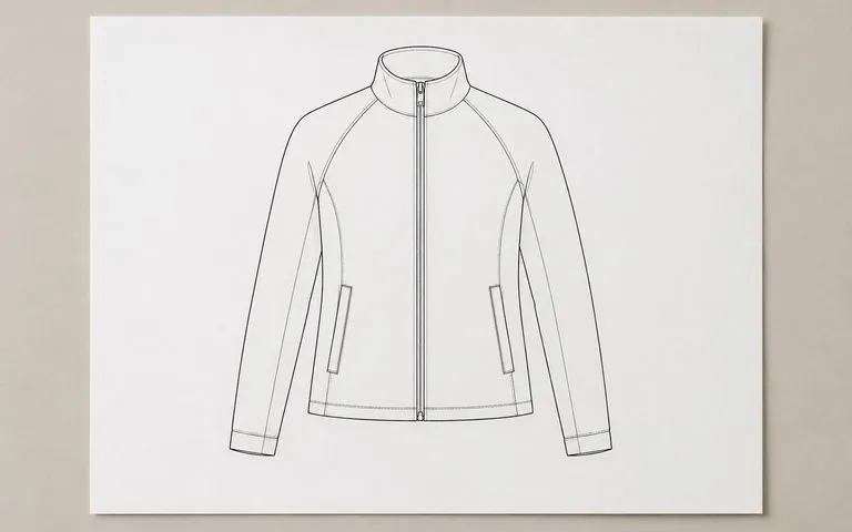 A blank sheet on a desk carrying only a technical flat line drawing of a zip-front jacket
