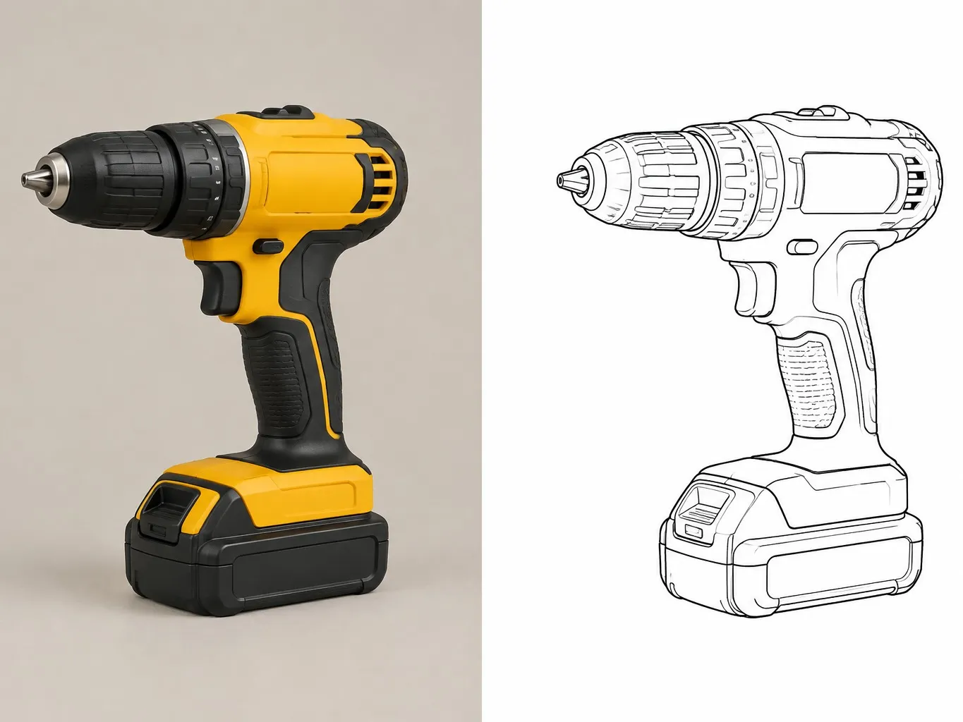 A cordless power drill photographed on the left and the same drill as a black line drawing on white on the right
