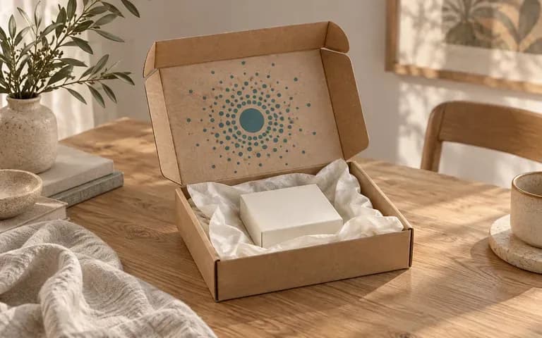 An open mailer box arranged for an unboxing presentation