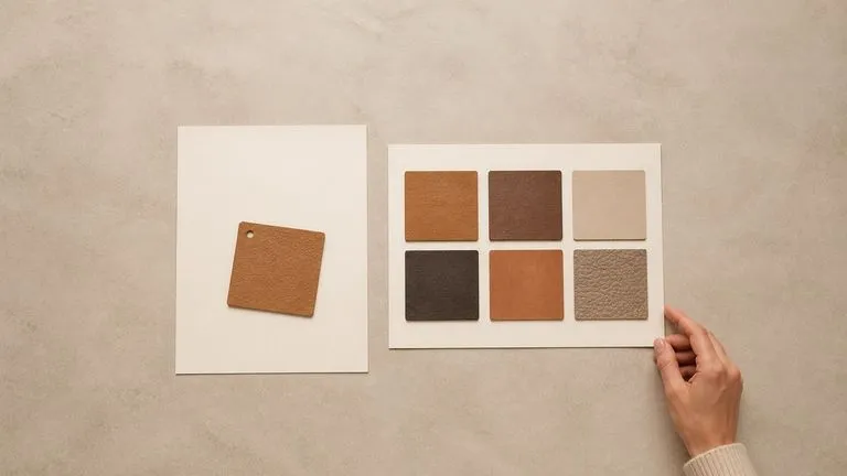A physical leather swatch resting on a blank sheet beside a printed six-tile material set
