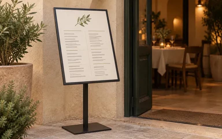 A menu standing beside the entrance to a restaurant