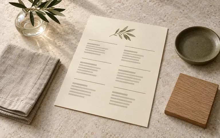 A restaurant menu shown with materials from the interior
