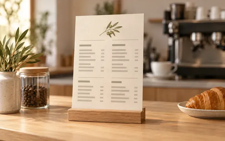 A cafe menu presented upright on a counter