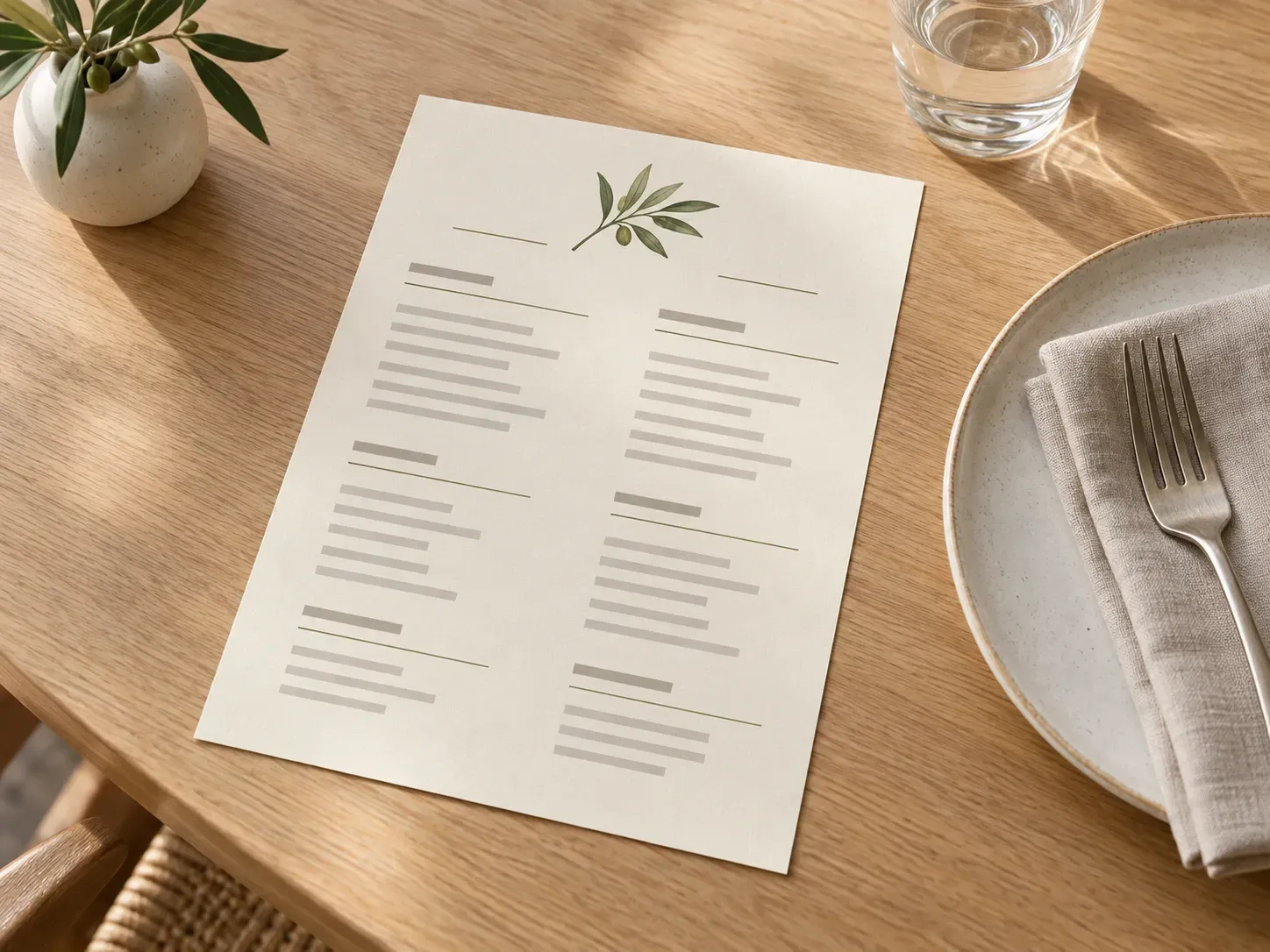 A finished menu design shown beside a restaurant place setting