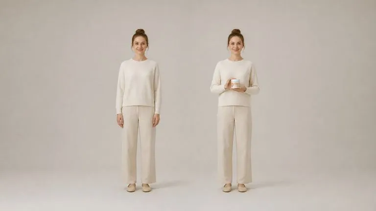 One model photographed twice with identical features, holding nothing on the left and a product on the right