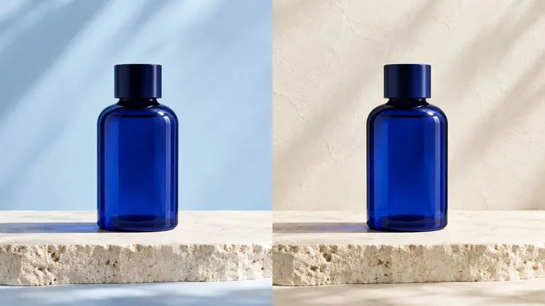 Concept illustration: Concept diptych: identical cobalt bottle and limestone shelf; pale blue background at left, cream plaster at right; shape and light matched, illustrative edit relation