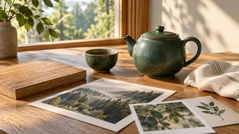 Concept illustration: Art-director desk with forest-green ceramic teapot, oak sample, cream napkin and printed references, morning light, organised and tactile