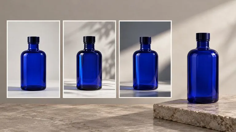 Concept illustration: A production review table with three similar-sized photographic proofs of the same cobalt bottle and one physical bottle, no numbers or currency text