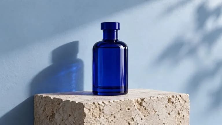 Concept illustration: A cobalt bottle on limestone with a pale blue wall, single controlled key light from right, clean product silhouette and realistic glass reflections