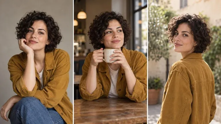 Concept illustration: Three photographs of the same fictional woman with short curly dark hair and ochre jacket, in a studio, cafe and courtyard, consistent recognisable face, natural editorial portraiture; no text
