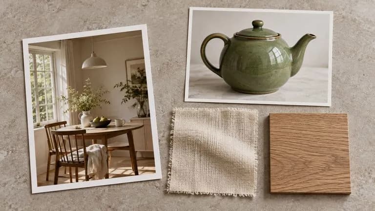 Concept illustration: A flat lay reference set: photo print of a green ceramic teapot, cream linen swatch, oak material sample and breakfast-room photograph, no UI or writing
