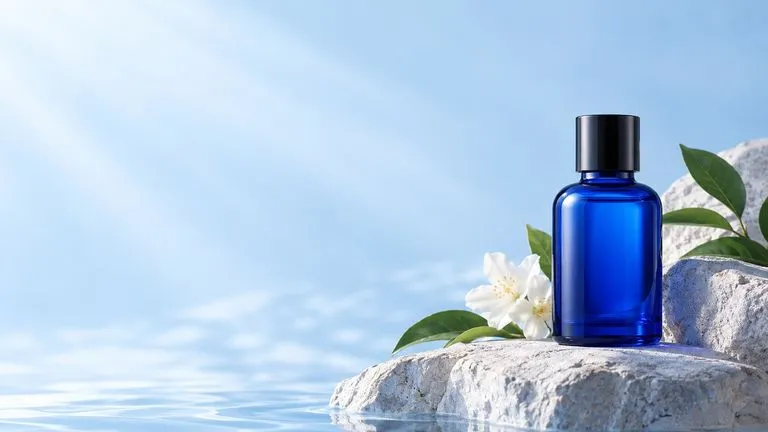 Concept illustration: A product poster concept with a cobalt bottle at lower right and generous entirely empty pale blue headline area at upper left; do not render text