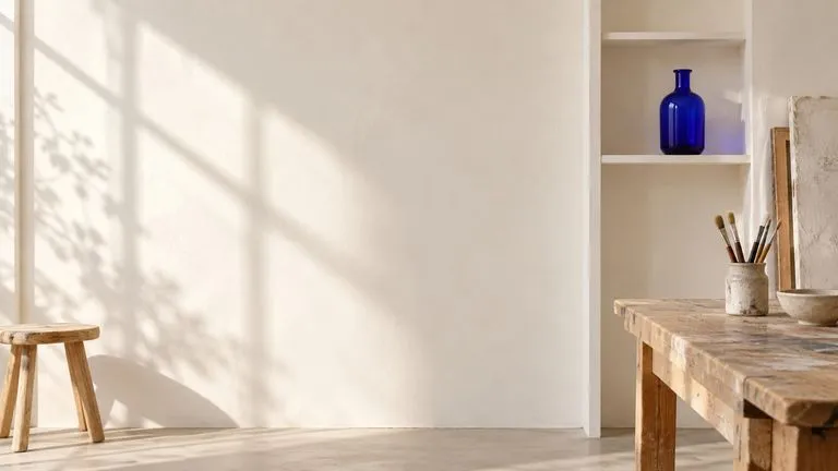 Concept illustration: Wide panoramic editorial photograph of an airy cream art studio with one cobalt bottle on a shelf at right and generous calm wall at left, uninterrupted perspective, no visible seams
