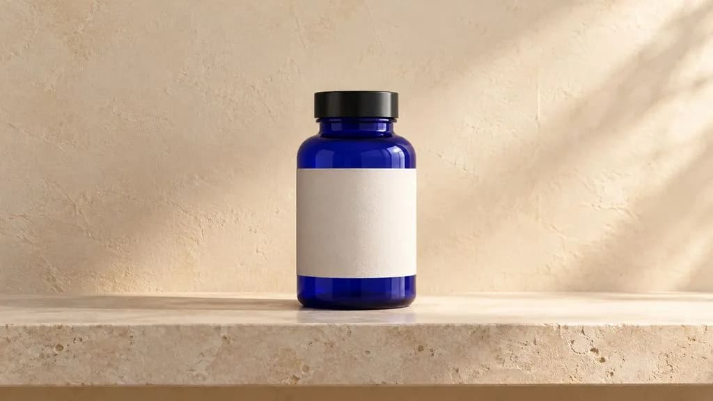 Concept illustration: EXAMPLE EXACT FINISHED EDIT CONCEPT: cobalt glass bottle on pale stone shelf, warm cream plaster background, soft right-side light and a matching contact shadow, blank label, unchanged simple bottle s
