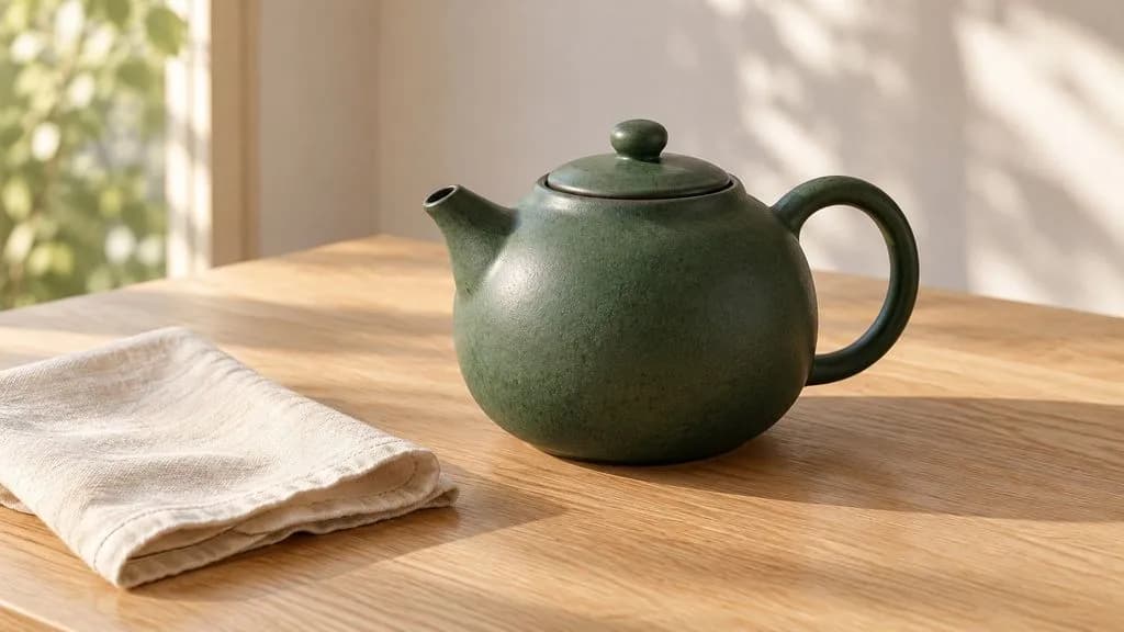 Concept illustration: forest-green ceramic teapot, round handle, short spout and matte glaze on pale oak breakfast table beside one cream linen napkin; morning light, three-quarter view; no other tableware