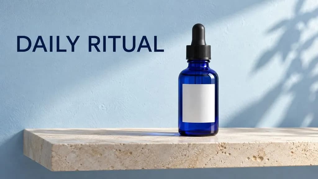 Concept illustration: cobalt glass skincare bottle on pale limestone shelf, soft blue wall, light from right; exact headline 'DAILY RITUAL' in dark navy simple sans-serif at upper left; blank bottle label; no other text. H
