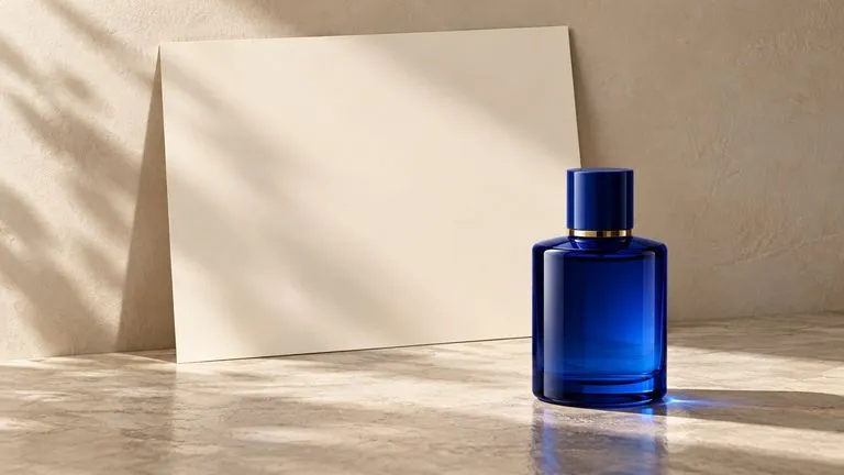 Concept illustration: Blank cream campaign poster leaning behind a cobalt bottle, elegant editorial studio lighting, deliberately no words so final type can be placed later