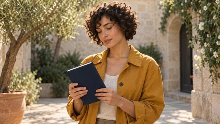 Concept illustration: Fictional woman with short curly hair in an ochre jacket reading a closed dark blue notebook in a sunlit courtyard, natural skin detail and fabric texture