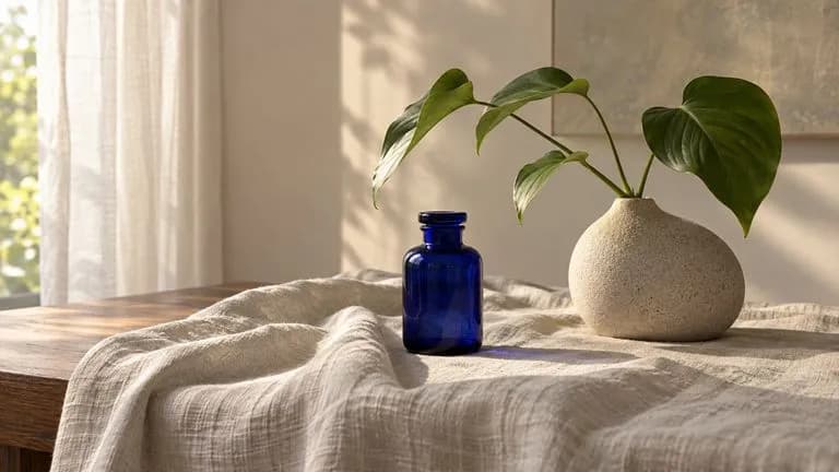 Concept illustration: A quiet editorial desk scene with cream linen, a small cobalt bottle and a single sculptural plant, background detail remains subtle, no text