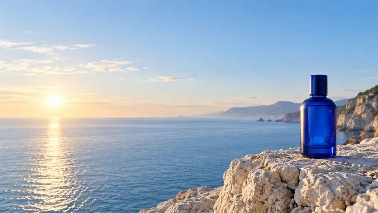 Concept illustration: Panoramic coastal morning scene with a cobalt glass bottle on a pale limestone foreground shelf at far right, broad empty sky and water at left, premium quiet campaign composition