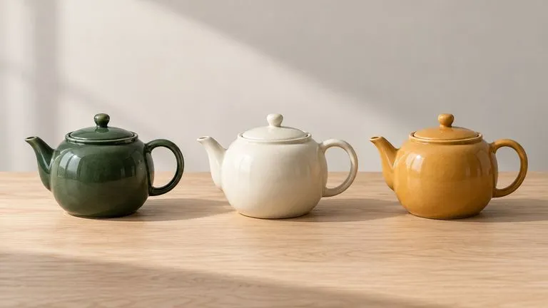 Concept illustration: Three otherwise identical ceramic teapots in forest green, ivory and ochre on a pale oak surface, orderly colourway concept photograph