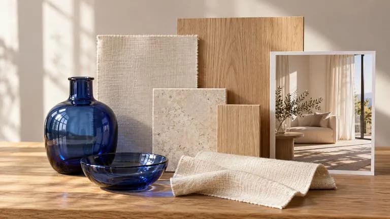Concept illustration: A coherent materials moodboard of cobalt glass, cream linen, pale oak and a morning interior photograph arranged as physical samples, no writing or screen