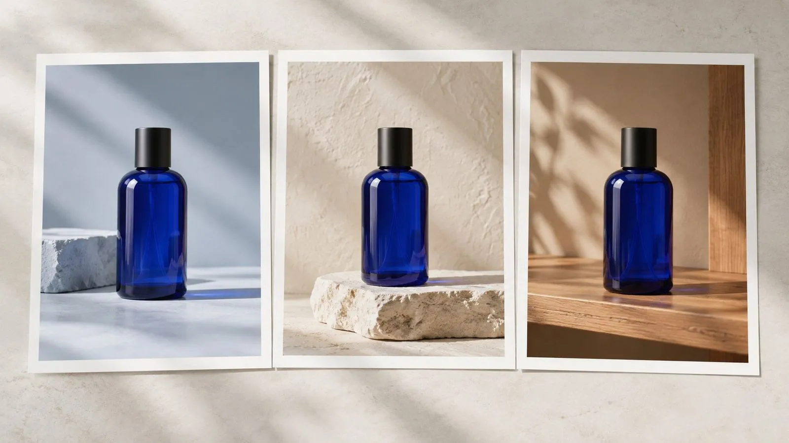 Concept illustration: A fictional cobalt glass skincare bottle appears in three coherent editorial still-life photographs as a physical print sequence on a pale table: pale blue studio, cream plaster studio, oak shelf; bot