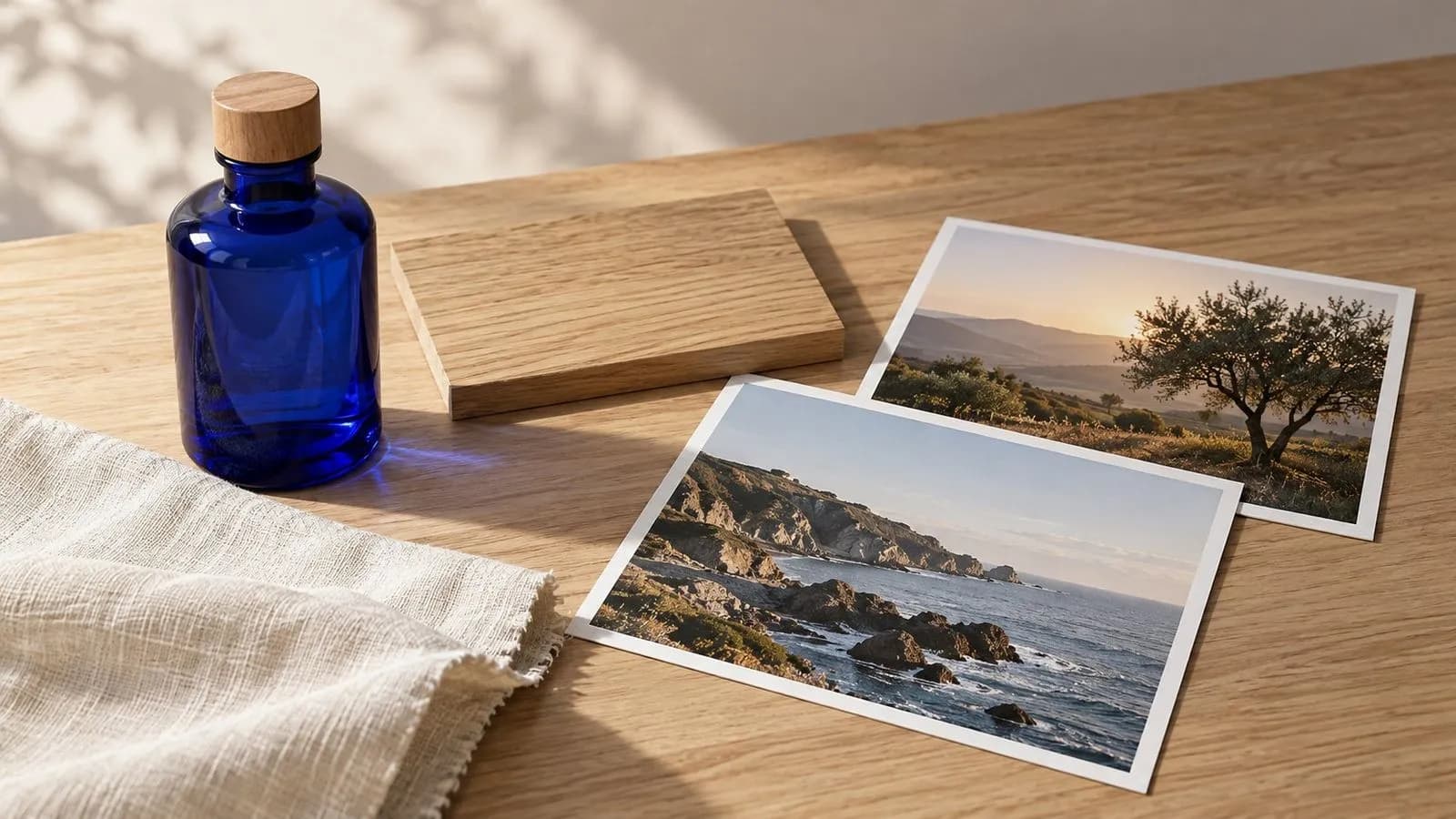 Concept illustration: A tidy creative table containing a cobalt bottle, cream linen swatch, pale oak sample and two printed scene photographs, concrete physical references rather than abstract AI effects