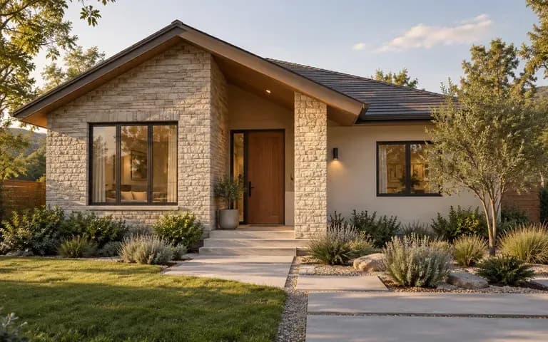 A modest house facade with a warm neutral palette