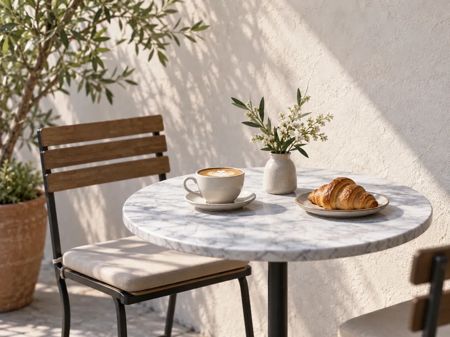 A clean outdoor cafe table against a simple wall with no clutter