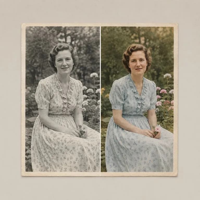 One photograph kept both as a repaired black and white and as a colourised version
