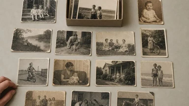 A box of old family prints spread out on a table for digitising