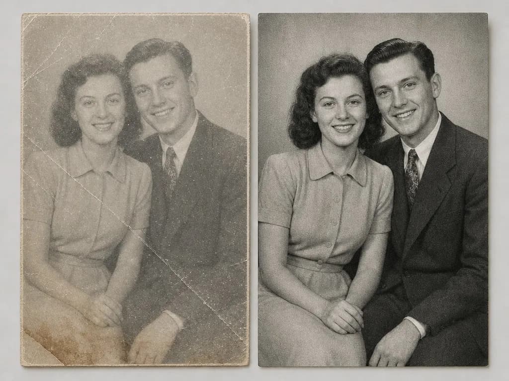 A damaged vintage print on the left and the same photograph restored on the right