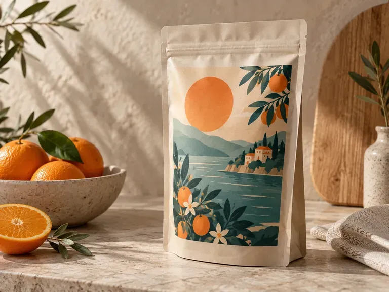 Flexible Pouch Packaging: a label reviewed against the folds and surface of a bag