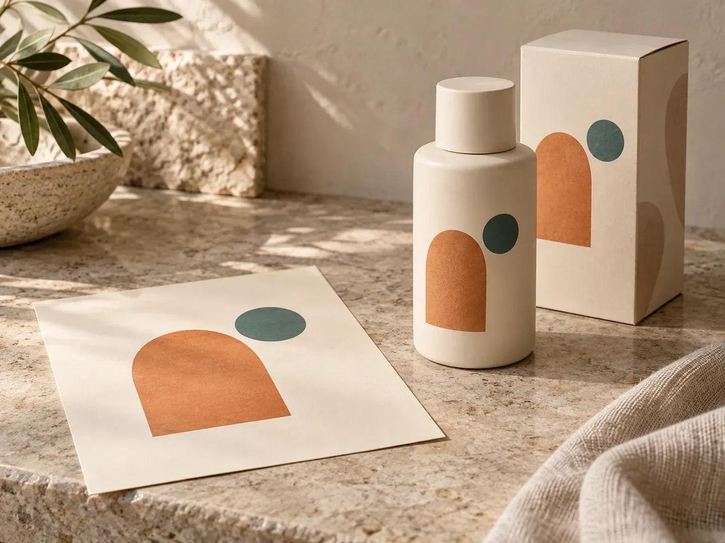 Flat packaging artwork shown on a container in a product setting