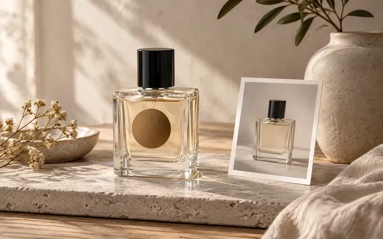 A perfume bottle shown with its original shape reference