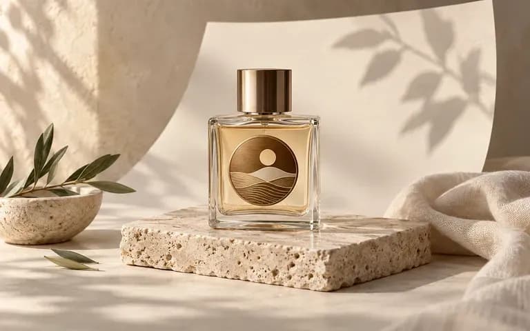 A labeled fragrance bottle in a restrained campaign setting