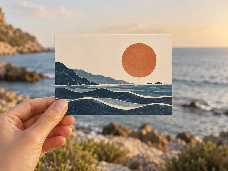 Travel Souvenir Concept: give destination artwork a hand-held postcard setting