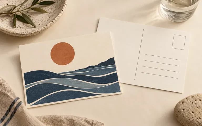 A paired front and back view of an illustrated postcard